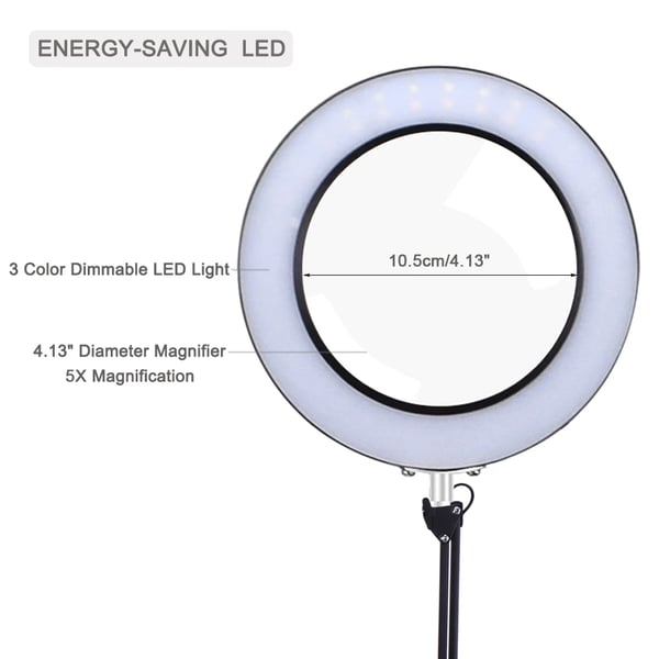 USB LED forstørrelsesglas - Bordlup - 5x Forstørrelse - USB-drevet - Fleksibel Arm 33 cm - Sammenklappelig - Med Stativ