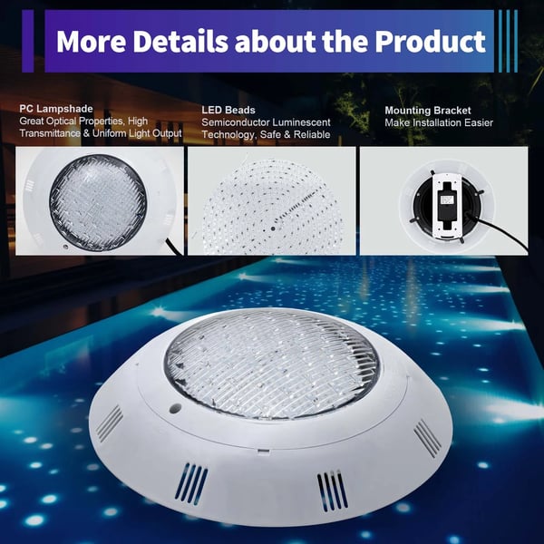 LED-uima-allasvalo, IP68 vedenpitävä, 45W AC12V, 2500 lm, valkoinen, kaukosäätimellä
