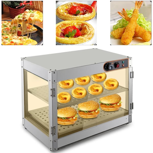 Varmeskab til mad - Bordmodel displayskab - 800 W - 30–85 °C - 61×38×51 cm - Hærdet glas 5 mm - Hyldeafstand 14 cm - Hyldestørrelse 50×35 cm - Sølv