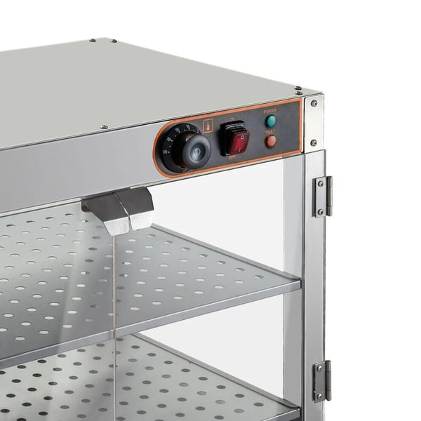 Varmeskab til mad - Bordmodel displayskab - 800 W - 30–85 °C - 61×38×51 cm - Hærdet glas 5 mm - Hyldeafstand 14 cm - Hyldestørrelse 50×35 cm - Sølv