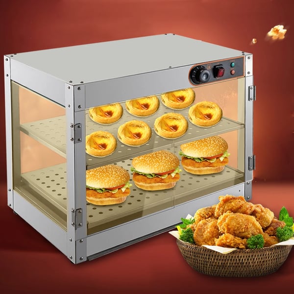 Varmeskab til mad - Bordmodel displayskab - 800 W - 30–85 °C - 61×38×51 cm - Hærdet glas 5 mm - Hyldeafstand 14 cm - Hyldestørrelse 50×35 cm - Sølv