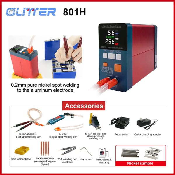 Punktsvetsmaskin / Spot Welder - 801H - 19,8 kW - 3500 A - Puls - För batteriflikar nickel/aluminium - Max 0,5 mm - EU-kontakt - Rödbrun