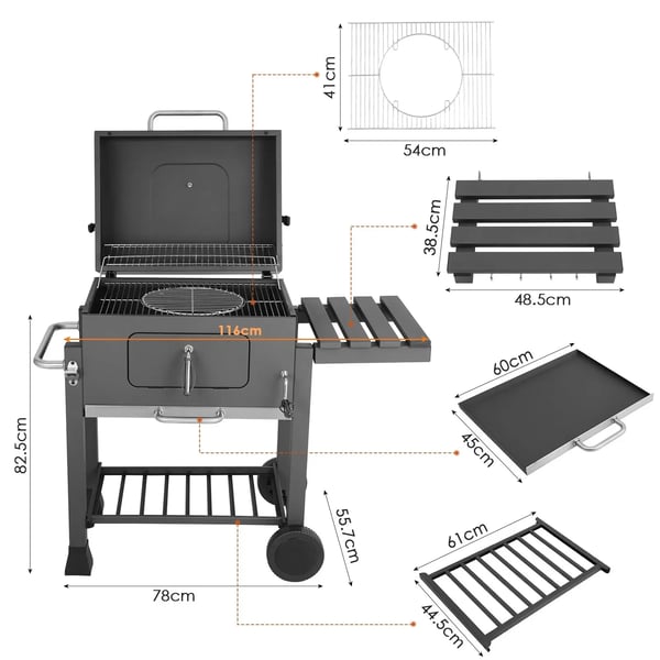 BBQ Puutarhagrilli - Hiiligrilli Grillivaunu XXL - 5–10 Henkilöä - 2 Pyörää - Teräs, Jauhemaalattu - CE-hyväksytty - Ylipainesuoja