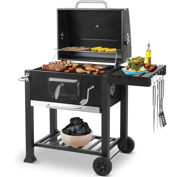 BBQ Puutarhagrilli - Hiiligrilli Grillivaunu XXL - 5–10 Henkilöä - 2 Pyörää - Teräs, Jauhemaalattu - CE-hyväksytty - Ylipainesuoja