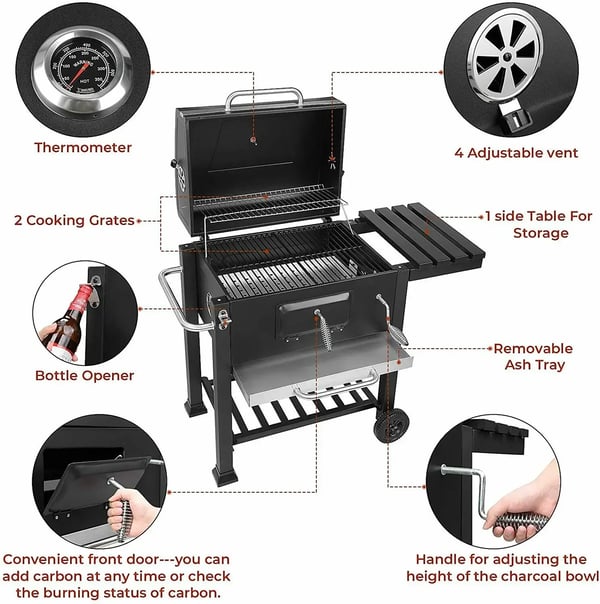 BBQ Puutarhagrilli - Hiiligrilli Grillivaunu XXL - 5–10 Henkilöä - 2 Pyörää - Teräs, Jauhemaalattu - CE-hyväksytty - Ylipainesuoja