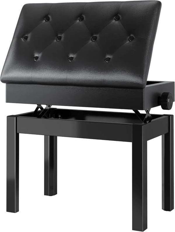 Pianobænk - Højdejusterbar bænk med opbevaring - Enkelt sæde - Ægte læderpude - Højde 49–59 cm - 57×33 cm - Hvid