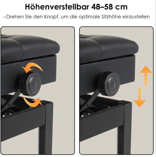 Pianopenkki - Korkeussäädettävä penkki säilytystilalla - Yksipaikkainen - Aito nahkapehmuste - Korkeus 49–59 cm - Koko 57×33 cm - Valkoinen