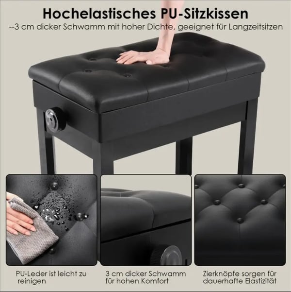Pianopenkki - Korkeussäädettävä penkki säilytystilalla - Yksipaikkainen - Aito nahkapehmuste - Korkeus 49–59 cm - Koko 57×33 cm - Valkoinen