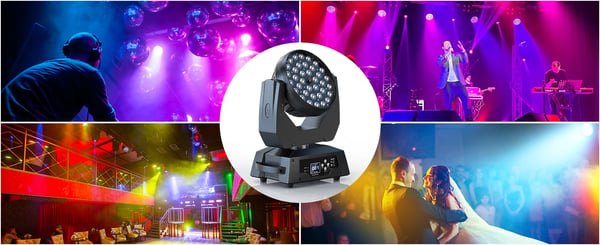 LED Scenelys - Moving Head 36×18W - Effekt 230 W - DMX512/RDM 16CH - Auto/Lyd/Master-Slave - Spænding 90–240V - RGB