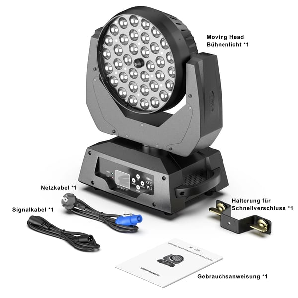 LED Scenelys - Moving Head 36×18W - Effekt 230 W - DMX512/RDM 16CH - Auto/Lyd/Master-Slave - Spænding 90–240V - RGB
