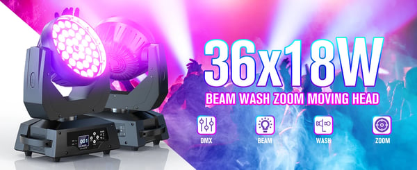 LED Scenelys - Moving Head 36×18W - Effekt 230 W - DMX512/RDM 16CH - Auto/Lyd/Master-Slave - Spænding 90–240V - RGB