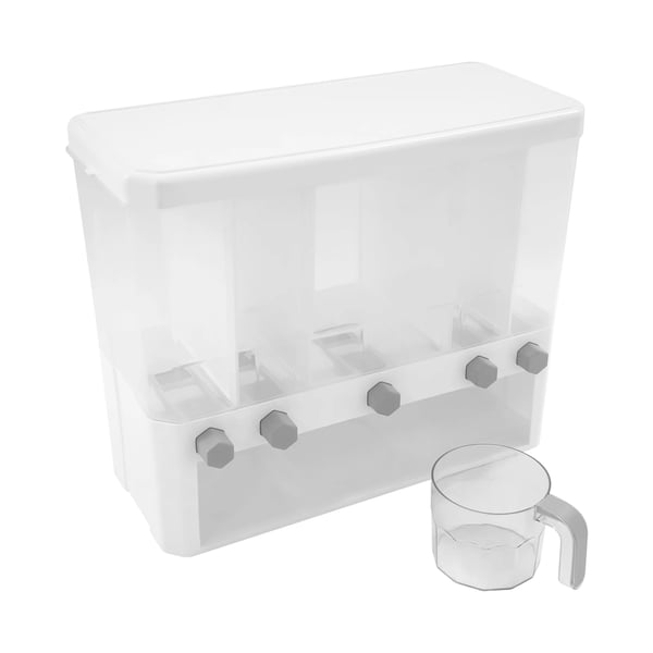 Dispenser til tørvarer - Korn- og risdispenser - 5 rum - Bordmodel - PP/PC - 15 kg kapacitet - Med målebæger - Til ris, korn, bønner