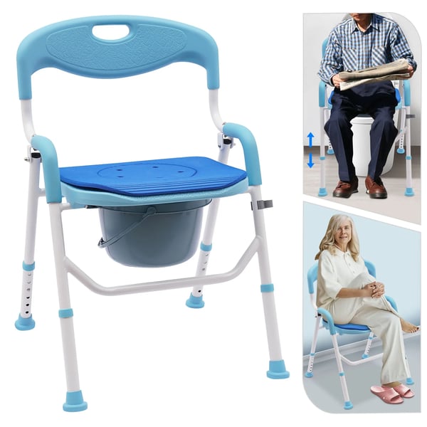Foldbar bruse- og toiletstol - Aluminiumlegering - Armlænshøjde 75 cm - Med bækken - Blå