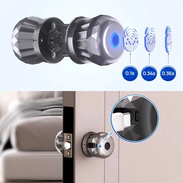 Smart dørknop - smart lås - fingeraftryk - appstyring - nøglefri - Type‑C nødladning - dørtykkelse 35–50 mm - 3‑i‑1