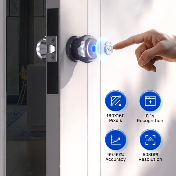 Smart dørknop - smart lås - fingeraftryk - appstyring - nøglefri - Type‑C nødladning - dørtykkelse 35–50 mm - 3‑i‑1