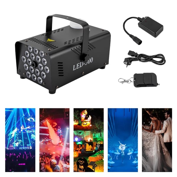 Savukone - 500 W - Langaton kaukosäädin 20 m - 18 LED, Fade/Flash/Strobe - 250 ml säiliö - 30 s jatkuva savu - Ripustettava/pöytämalli - Musta