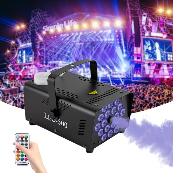 Savukone - 500 W - Langaton kaukosäädin 20 m - 18 LED, Fade/Flash/Strobe - 250 ml säiliö - 30 s jatkuva savu - Ripustettava/pöytämalli - Musta