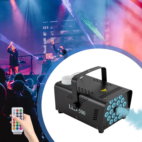 Savukone - 500 W - Langaton kaukosäädin 20 m - 18 LED, Fade/Flash/Strobe - 250 ml säiliö - 30 s jatkuva savu - Ripustettava/pöytämalli - Musta