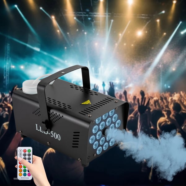 Savukone - 500 W - Langaton kaukosäädin 20 m - 18 LED, Fade/Flash/Strobe - 250 ml säiliö - 30 s jatkuva savu - Ripustettava/pöytämalli - Musta