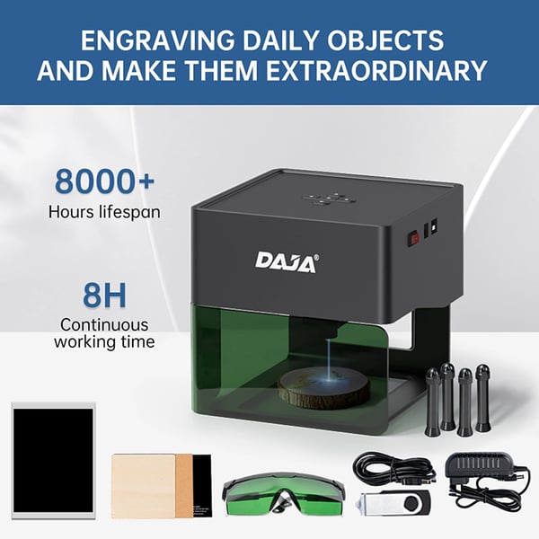 DJ6 Set - Mini lasergraver & laserskærer - Effekt 3000 mW - Arbejdsområde 80×80 mm - Bærbar - Til træ/plast - CE - Sort