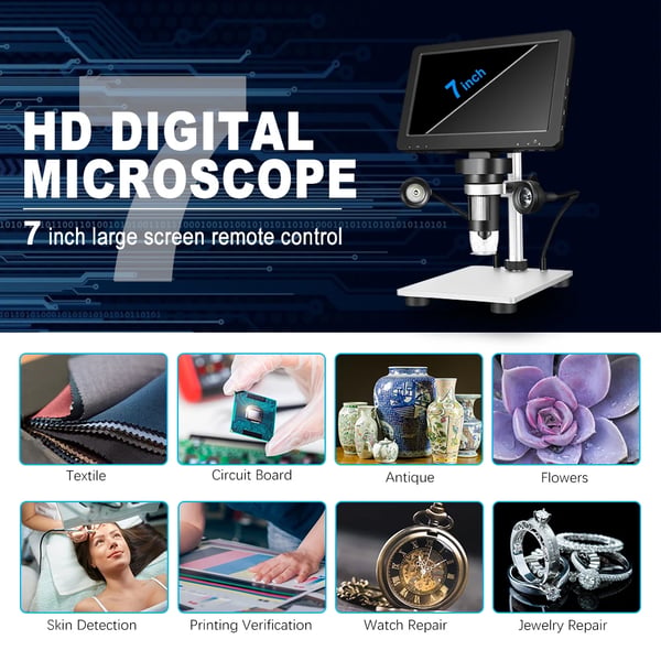 Digitalt mikroskop, USB 12MP 1200x, 7" HD roterende skærm, 8 LED-lys, 10 cm arbejdsafstand, 12 sprog