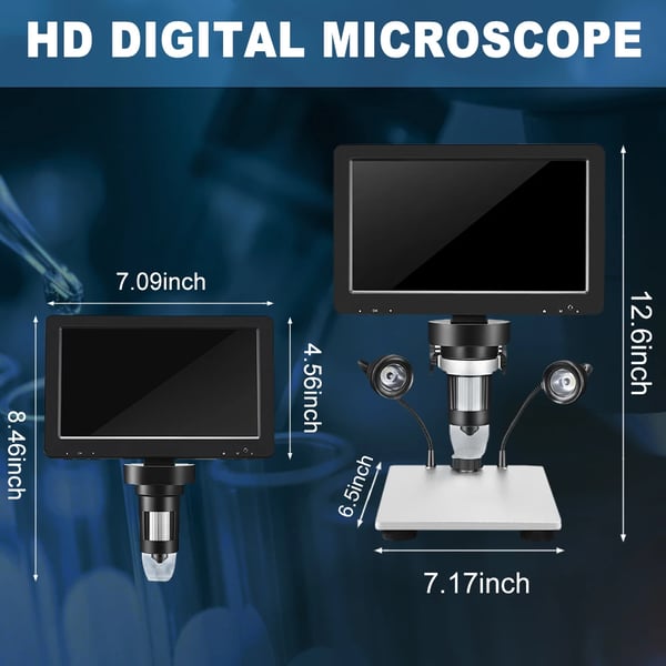 Digitalt mikroskop, USB 12MP 1200x, 7" HD roterende skærm, 8 LED-lys, 10 cm arbejdsafstand, 12 sprog