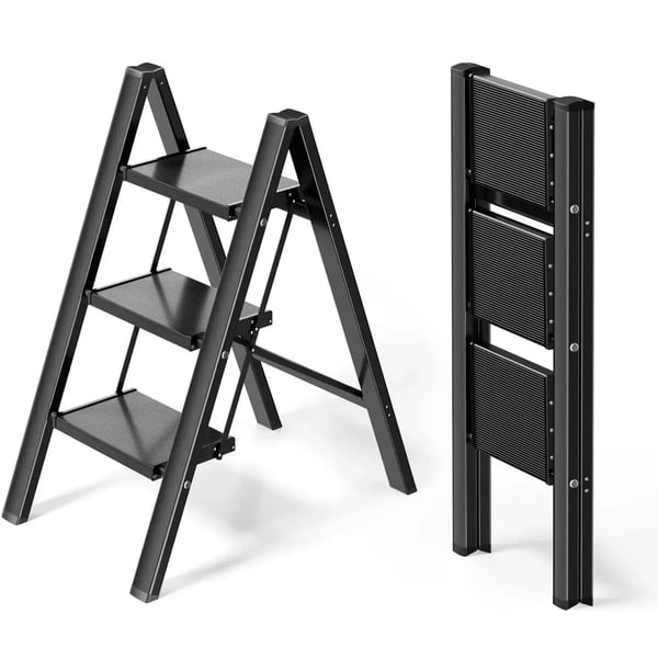 Aluminium stige - Sammenklappelig trappestige - 3 trin - Brede skridsikre trin - Let og bærbar - Max 150 kg - Sort