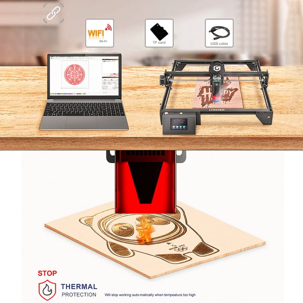 Lasergraver - Diodelaser 10 W - Arbejdsområde 400×400 mm - Touchskærm 8,9 cm - Bundkort 32-bit - WiFi/App, USB & TF/microSD - Hvid