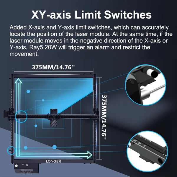 Ray5 20W - Lasergraver - Graveringsområde 375x375 mm - Touchskærm 8,9 cm - Bundkort 32-bit - WiFi/App/USB/TF - Hvid
