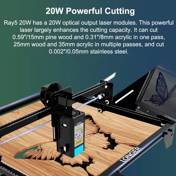 Ray5 20W - Lasergraver - Graveringsområde 375x375 mm - Touchskærm 8,9 cm - Bundkort 32-bit - WiFi/App/USB/TF - Hvid