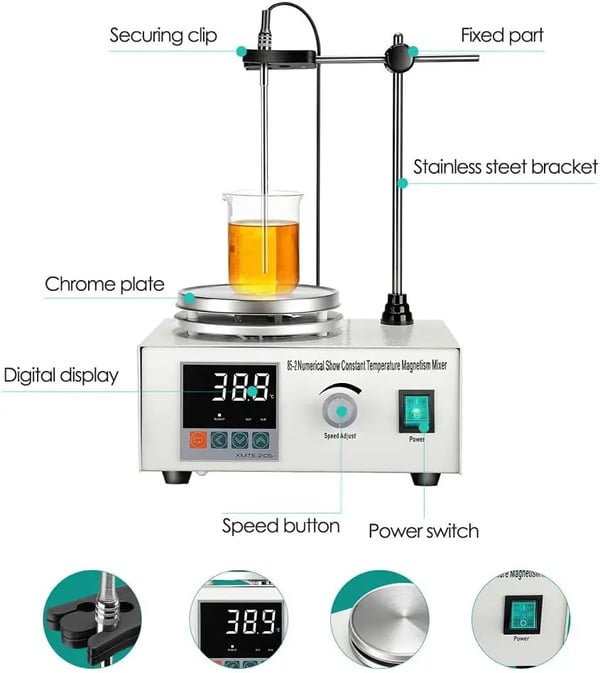 Magnetomrører med varmeplade, 200 W, digital temperaturdisplay, hastighedsjustering, 1000 ml kapacitet