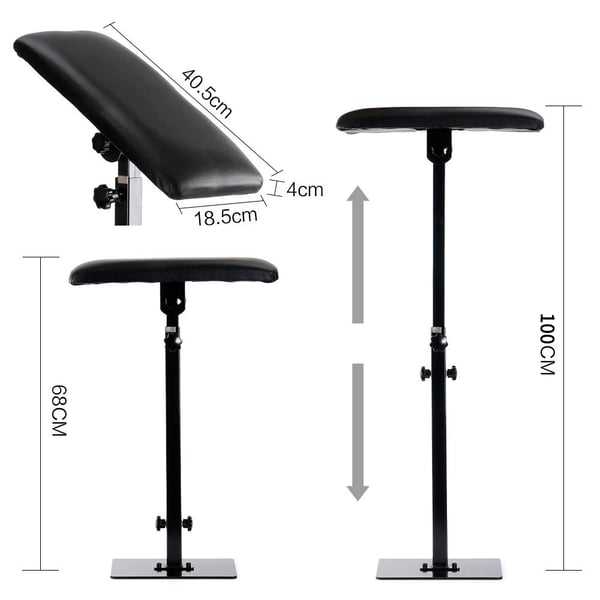 Tatoveringsarmstøtte, fuldt justerbar, kraftig jernkonstruktion, højde 68–100 cm, sort