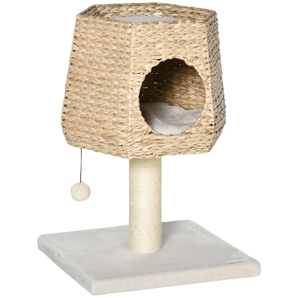 Katträd - Klöspelare - Höjd 66 cm - 2 Nivåer - Flätad Grotta med Kudde - Sisalstolpar - Plysch - Kräm/Natur