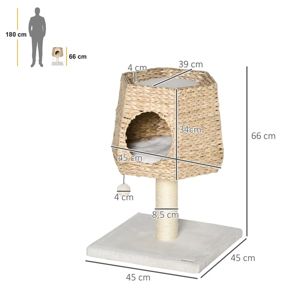 Katträd - Klöspelare - Höjd 66 cm - 2 Nivåer - Flätad Grotta med Kudde - Sisalstolpar - Plysch - Kräm/Natur