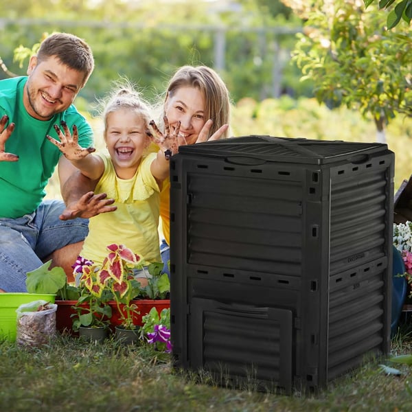 Trädgårdskompost - Kompostbehållare - 300 L Kapacitet - 48 Ventilationshål - 60,5×60,5×81,5 cm - Plast - Svart
