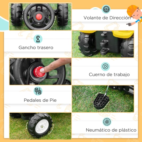 Tramptraktor för barn - Pedaltraktor - Ålder 3–6 år - Fyra hjul - Plast - CE-certifierad - 107×42×71 cm - Gul