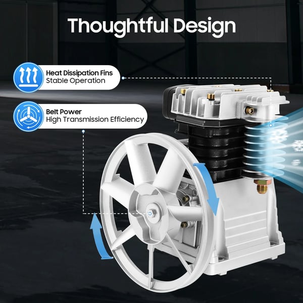 Ilmakompressorin pumppupää - 2065 - 3 HP - Yksivaiheinen kaksoissylinteri - Moottorille 2,2 kW - 0,8 MPa - Sylinteri Ø 6,5 cm - Hihnapyörä Ø 26 cm