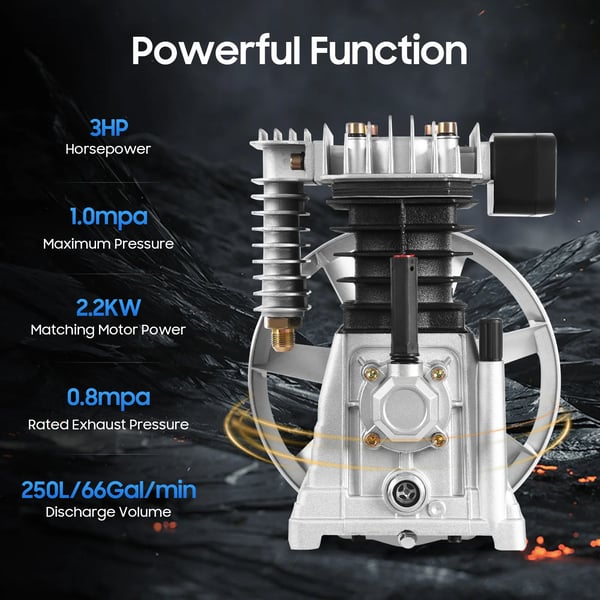 Ilmakompressorin pumppupää - 2065 - 3 HP - Yksivaiheinen kaksoissylinteri - Moottorille 2,2 kW - 0,8 MPa - Sylinteri Ø 6,5 cm - Hihnapyörä Ø 26 cm