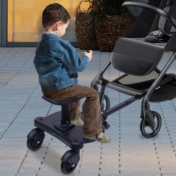 Barnevognsbræt - Buggy Board med aftageligt sæde - 2-i-1 - Universal adapter - Max 25 kg - Til 3–6 år - Plast - Sort