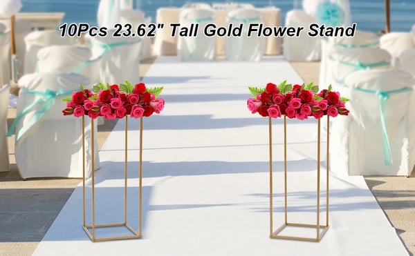 Bryllupsdekoration Blomsterstander - Metalsøjlestativ - 10 stk. - 60 cm høj - Jernramme - Til blomster og balloner - Montering kræves - Guld