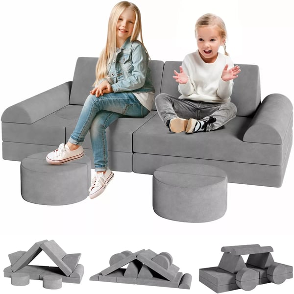 Modulaarinen lasten leikkisohva - Moduulisohva - Majanrakennukseen - Muunnettava Lattiatyynyksi - Vaahtomuovipehmuste - 143x45x70 cm - Tummanharmaa