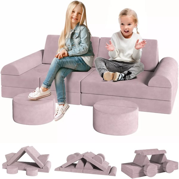 Modulaarinen lasten leikkisohva - Lasten sektiosohva - Muunneltava lattiatyynyksi - Vaahtomuovipehmuste - Taaperoille - 143x45x70 cm - Vaaleanpunainen