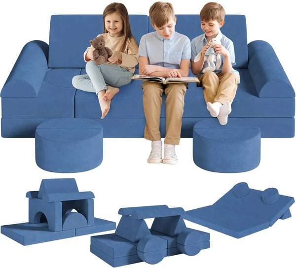 Modulär leksoffa för barn - Modulsoffa set - Skum och golvkuddar - Konvertibel till lekfort - För småbarn och lekrum - 143x45x70 cm - Blå