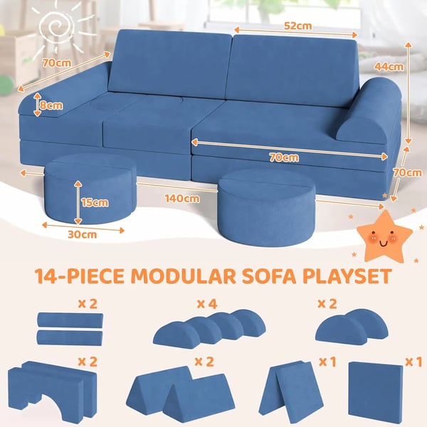 Modulær lege-sofa til børn - Sektionel Sofasæt - Skum og gulvpude - Konvertibel til byggehule - Til tumlinger og legerum - 143x45x70 cm - Blå