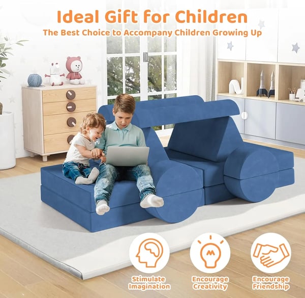 Modulær lege-sofa til børn - Sektionel Sofasæt - Skum og gulvpude - Konvertibel til byggehule - Til tumlinger og legerum - 143x45x70 cm - Blå