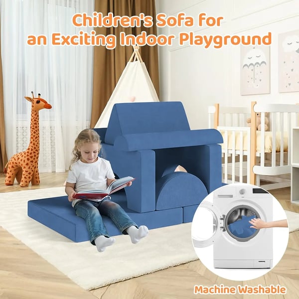 Modulær lege-sofa til børn - Sektionel Sofasæt - Skum og gulvpude - Konvertibel til byggehule - Til tumlinger og legerum - 143x45x70 cm - Blå