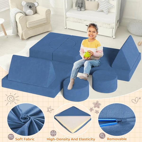 Modulær lege-sofa til børn - Sektionel Sofasæt - Skum og gulvpude - Konvertibel til byggehule - Til tumlinger og legerum - 143x45x70 cm - Blå