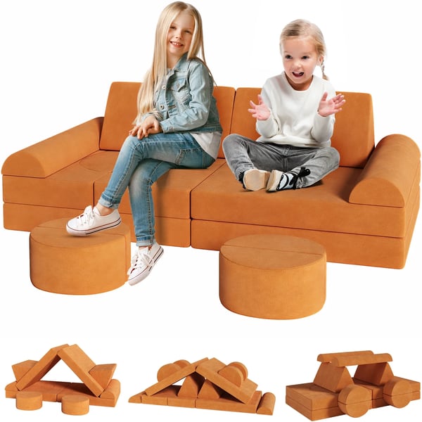 Modulär barnsoffa - Leksoffa/sektionsoffa i skum - Förvandlingsbar - Golvkudde - För småbarn - 143x45x70 cm - Orange