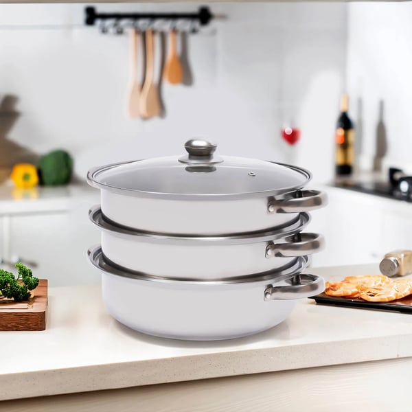 Dampkoger-sæt i rustfrit stål, 3 lag, 28 cm gryde, stabelbar, glaslåg, sølv