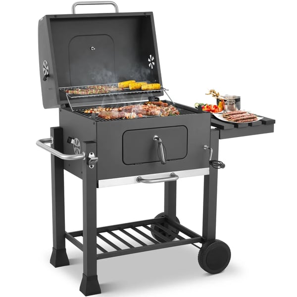 Primary, kolgrill/BBQ-grill, fällbart sidobord, robust för utomhusbruk: picknick, uteplats, trädgård och bakgård